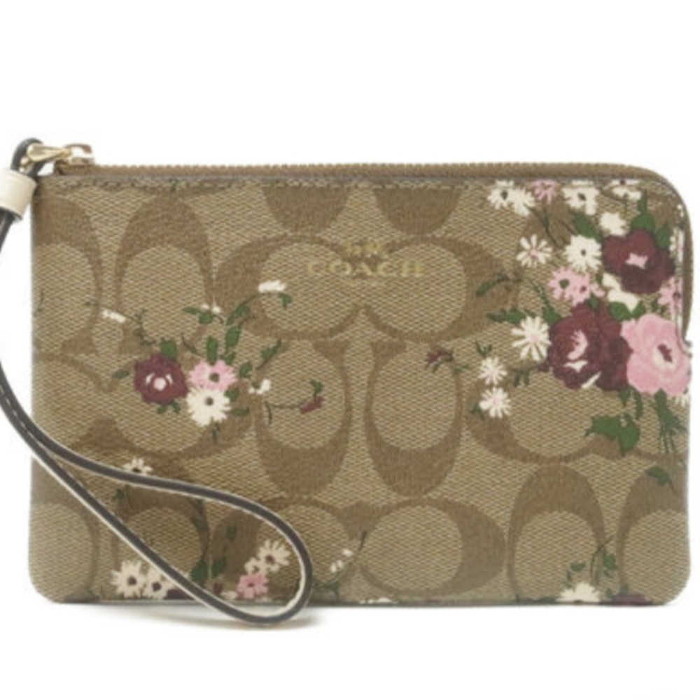 Coach Corner Zip Wristlet Signature Canvas Evergreen Floral Print